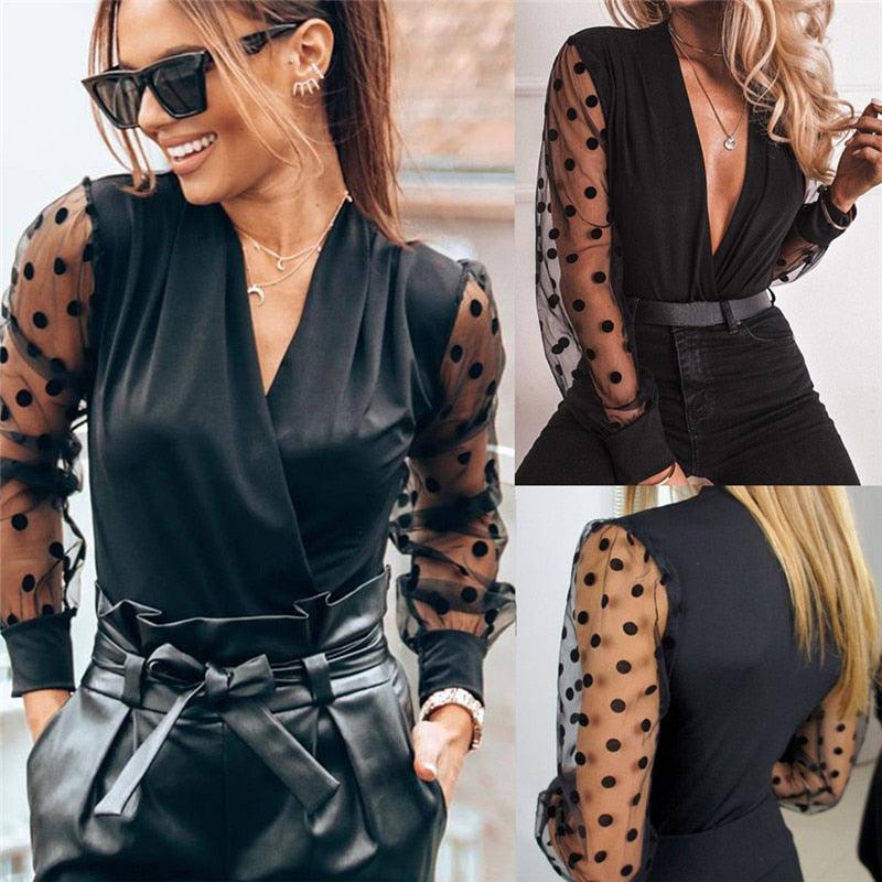 2020 women's blouse deep V-neck transparent polka dot mesh shirt Puff long sleeve top black shirt women's blouses party blouses - Beige Street