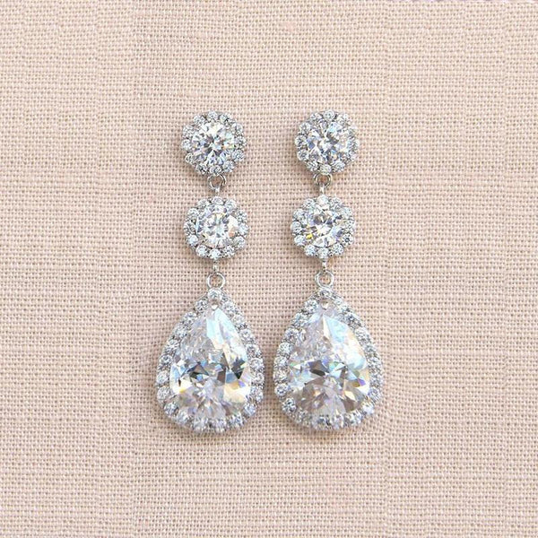 Huitan New Trendy Wedding Earrings for Women Crystal CZ Brilliant Hanging Earrings High Quality Silver Color Engagement Jewelry - Beige Street