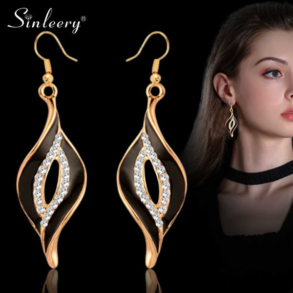 SINLEERY Charm White Black Enamel Earrings For Women Gold Leaf Drop Earrings Female Fashion Jewelry ES524 SSA