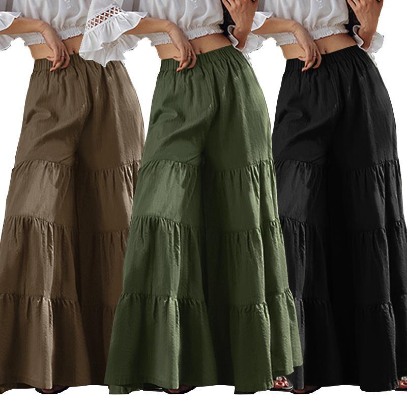 2022 Summer Solid Flared Pants ZANZEA Fashion Holiday Tiered Trousers Women Casual Elastic Waist Beach Wide Leg Pantalon Robe - Beige Street