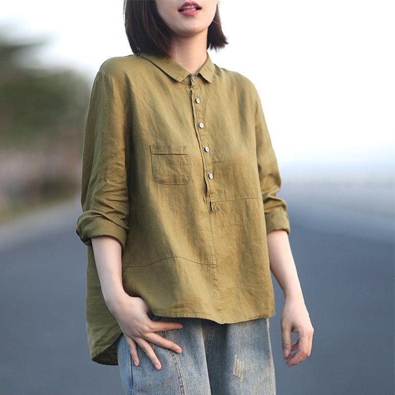 Cotton and Linen Shirt New Loose Casual Solid Color Women Long Sleeve Womens Tops and Blouses - Beige Street