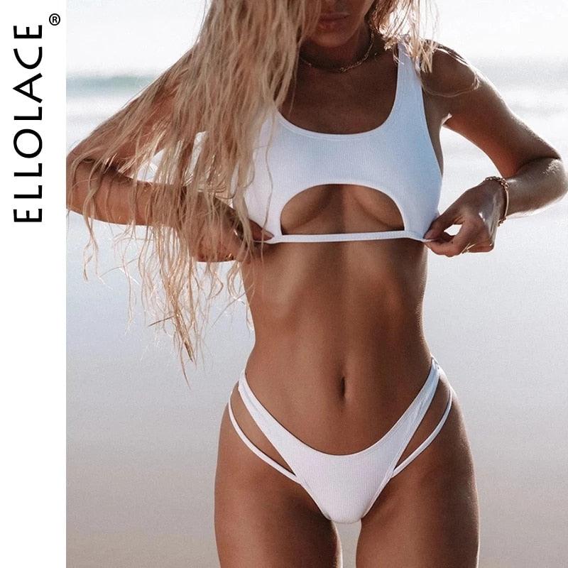 Ellolace Sexy Bikini Hollow Out Women's Swimsuit High Cut Micro Swimwear 2022 Stylish Bathing Suit Beach Outfits 2 Pieces - Beige Street