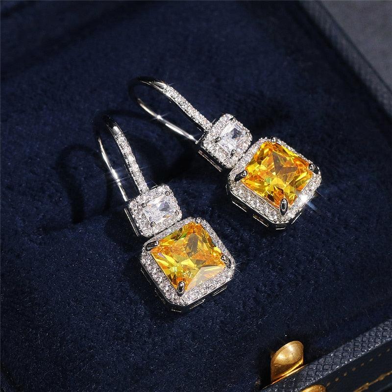 Huitan Gorgeous Princess Square Yellow Cubic Zirconia Drop Earrings Women Wedding Engagement Elegant Accessories Fashion Jewelry - Beige Street