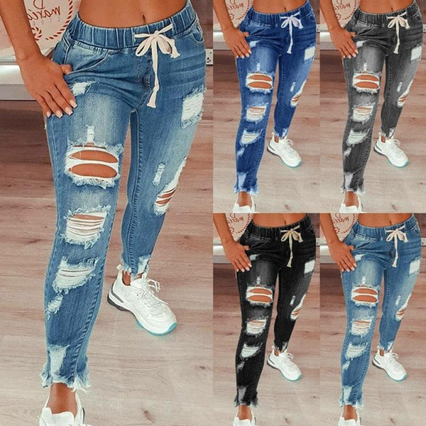 Jeans Women 2021 Drawstring High Waist Stretch Ripped Hole Jeans Fashion Denim Full Length Pencil Pants Skinny Jean Trousers - Beige Street