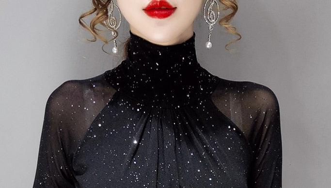 Korean fashion Women Mesh top High neck Sexy Black bottoming t shirt Casual Bright silk Lady shirt Blusa - Beige Street
