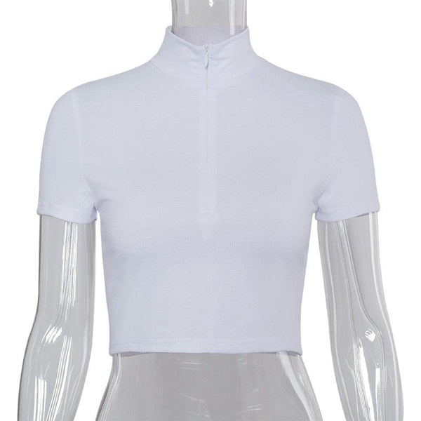 2021 Fashion Women Short Sleeve Crop Top T shirt Zipped Collar Sexy Casual White Short Shirt Summer Tee Tops - Beige Street