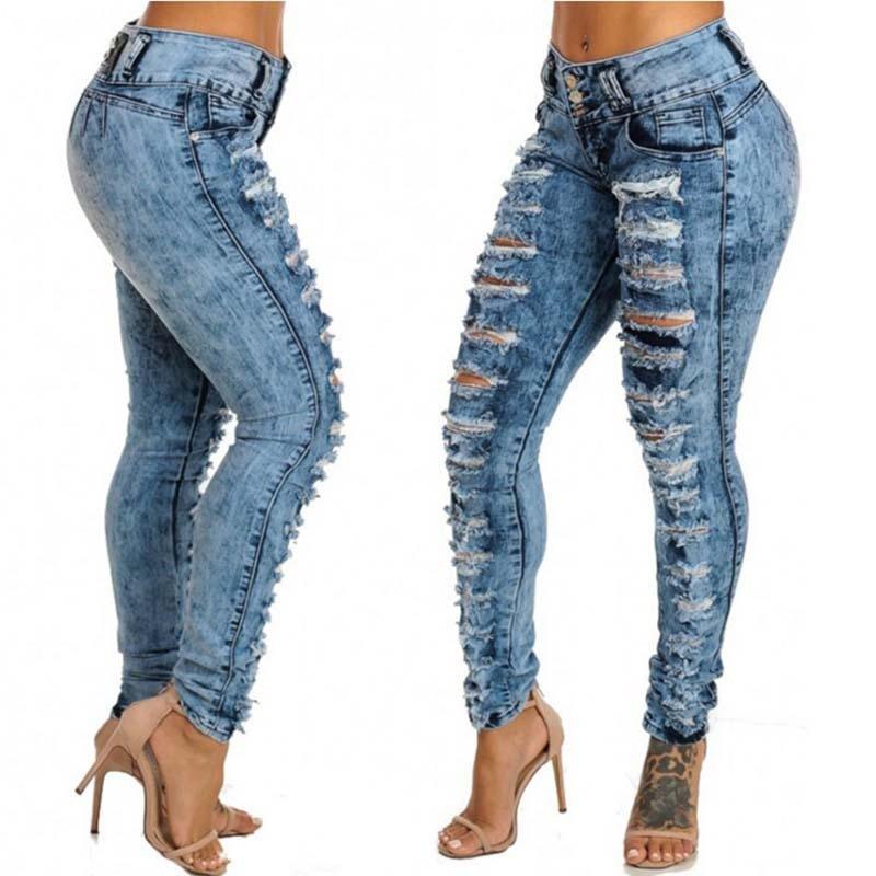 2020 Spring and Autumn Women's Jeans High Waist Pencil Pants Jeans European/American Cargo Pants Ripped Jeans for Women - Beige Street