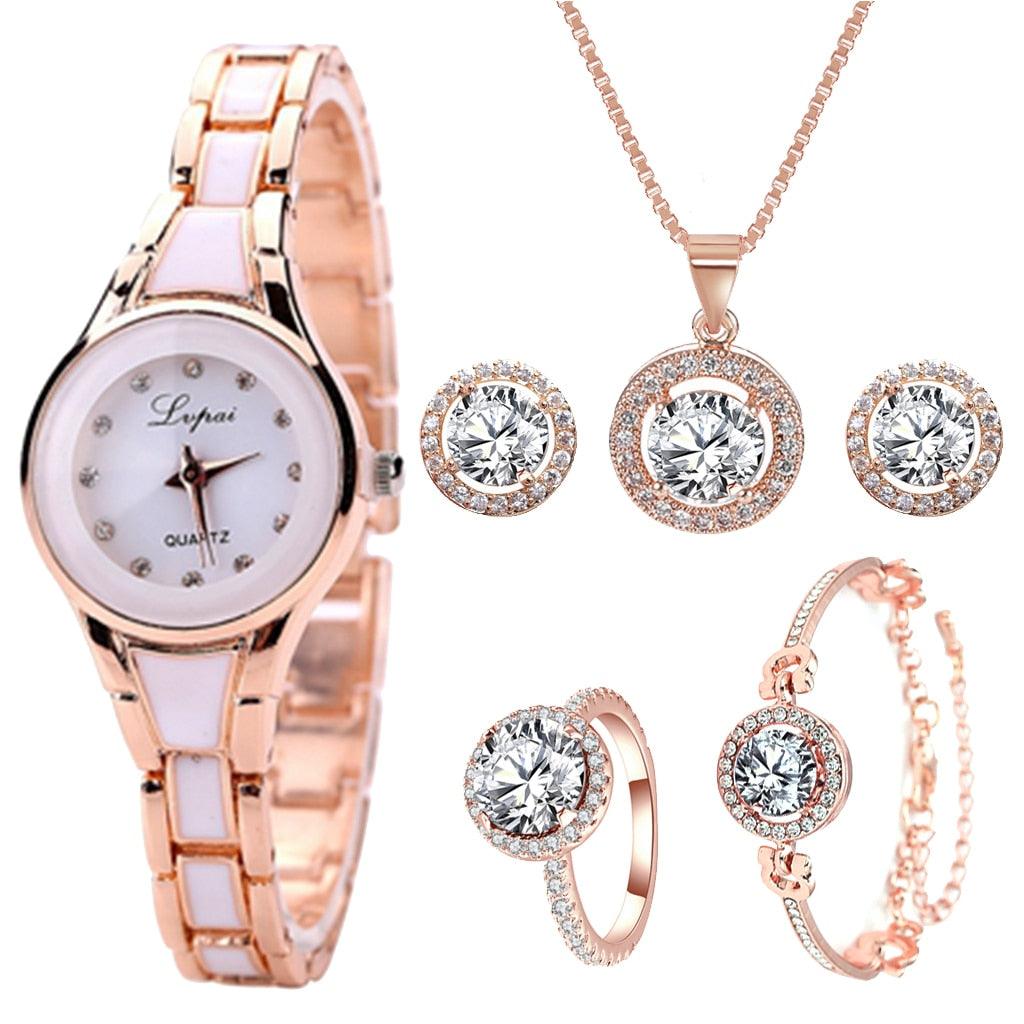 Brand 6PCS Watch Set Women Luxury Rose Gold Quartz Wristwatches - Beige Street