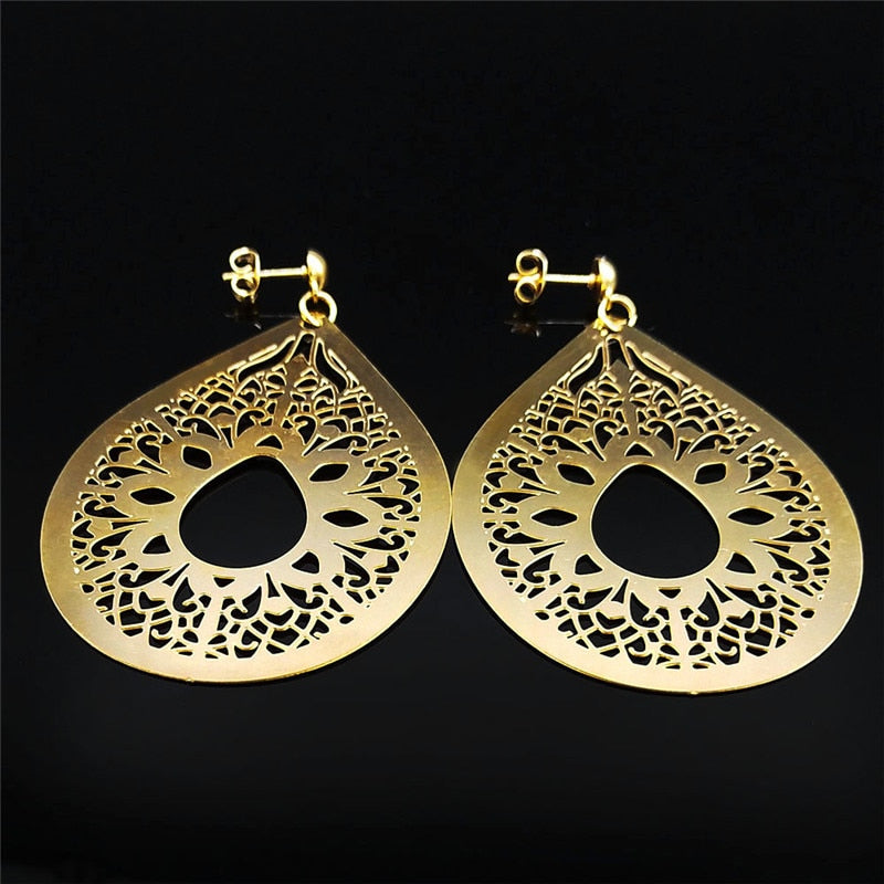 Stainless Steel Bohemia Water Drop Flower Stud Earrings Women Gold Color Big Earrings Boho Jewelry boucles d'oreilles E9307S04