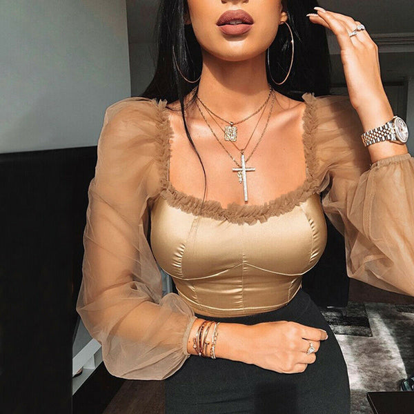 Women Satin Blouse Puff Sleeve See Through Crop Top Sheer Mesh Patch Frilly Shirts High Street Square Collar Blouse Big Size