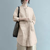EaseHut Women Cotton Linen Blouse Vintage Stand Collar Pocket Long Sleeve Tunic Tops Plus Size Loose Casual - Beige Street