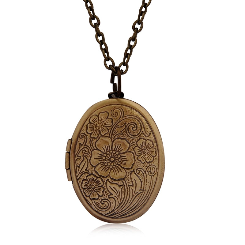 Oval Carved Flower Stripe Locket Pendant Necklace Women Vintage Ancient Brass Opening Photo Box Jewelry