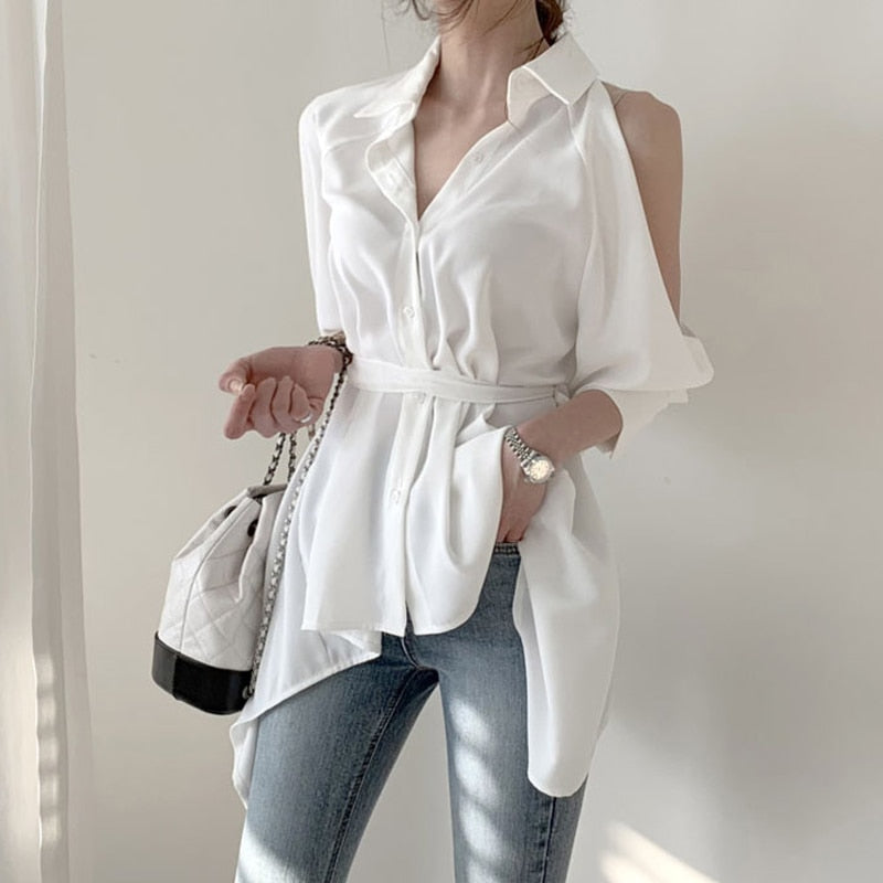 Women Blouse New Lady Hollow Out Turn Down Collar Fashion Shirts Chic Blusa Off Shoulder Autumn Summer 2021 Solid Tops 12136