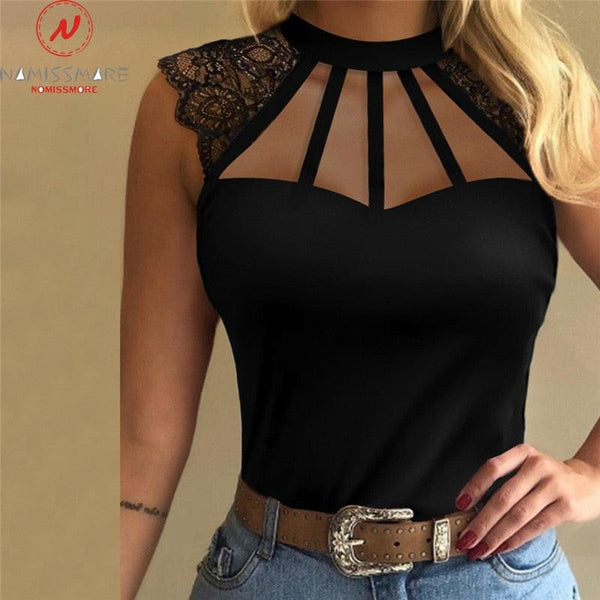 Fashion Women Summer Solid Color T-Shirts Hollow Out Design Lace Decor See Through O-Neck Sleeveless Slim Pullovers Top - Beige Street