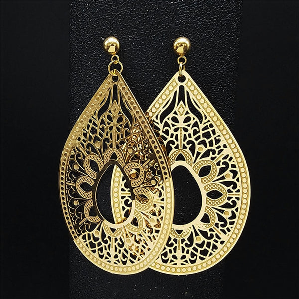 Stainless Steel Bohemia Water Drop Flower Stud Earrings Women Gold Color Big Earrings Boho Jewelry boucles d&#39;oreilles E9307S04