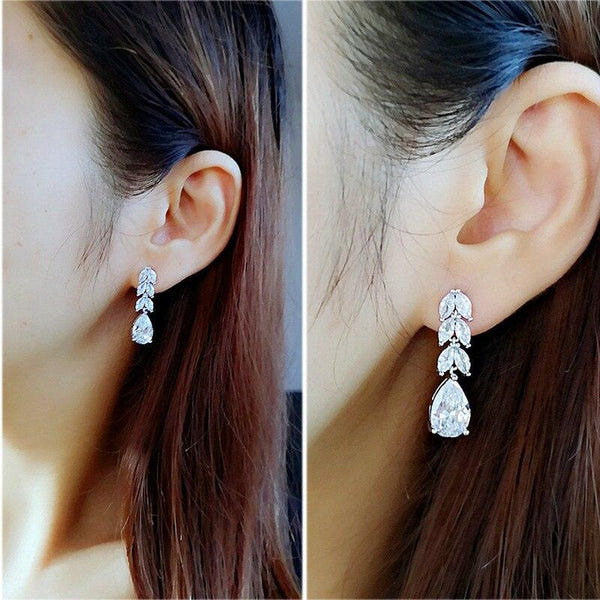 Huitan Women Drop Earring Wedding Band Jewelry Leave&amp;Water Drop Shape Earring AAA Cubic Zirconia New Fashion Bridal Accessories - Beige Street