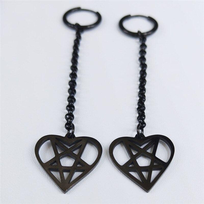 Gothic Heart Pentagram Witchcraft Stainless Steel Long Drop Earring Women Black Jewelry acero inoxidable joyeria mujer E3513S03 - Beige Street