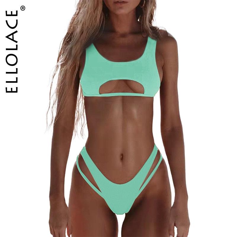 Ellolace Sexy Bikini Hollow Out Women's Swimsuit High Cut Micro Swimwear 2022 Stylish Bathing Suit Beach Outfits 2 Pieces - Beige Street