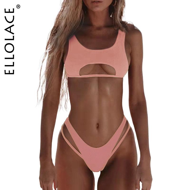 Ellolace Sexy Bikini Hollow Out Women's Swimsuit High Cut Micro Swimwear 2022 Stylish Bathing Suit Beach Outfits 2 Pieces - Beige Street