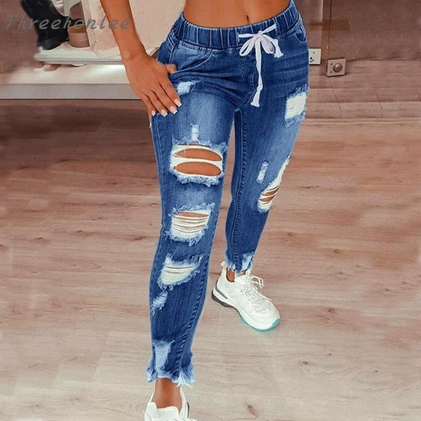 Jeans Women 2021 Drawstring High Waist Stretch Ripped Hole Jeans Fashion Denim Full Length Pencil Pants Skinny Jean Trousers - Beige Street