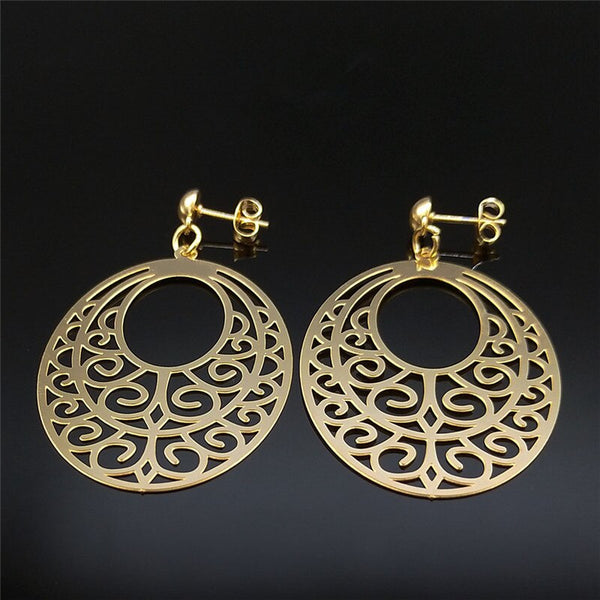 Stainless Steel Bohemia Flower of Life Stud Earrings Women Gold Color Oval Earrings Boho Big Jewelry boucle d oreille E9314S04