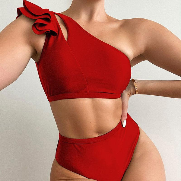 2022 Sexy One Shoulder Bikini Women Solid High Waist Swimsuit Ruffle Swimwear Women Black Biquini Female Beachwear Bathing Suits - Beige Street