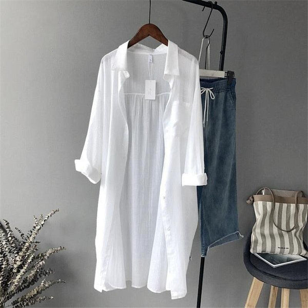 2020 Autumn Women Long Sleeve White Shirts Blouse High quality loose Blouse Tops Cotton Casual White Long Blouse Women - Beige Street