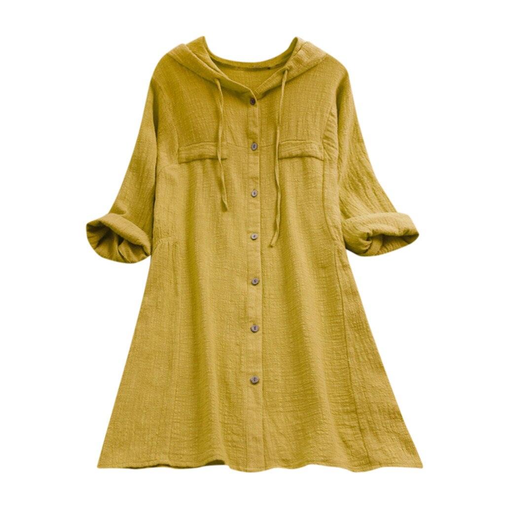2022 Summer Blouse Women Womens Button Plus Size Cotton Tops Tee Shirt Hooded Pocket Loose Blouse Blusas Mujer De Moda - Beige Street