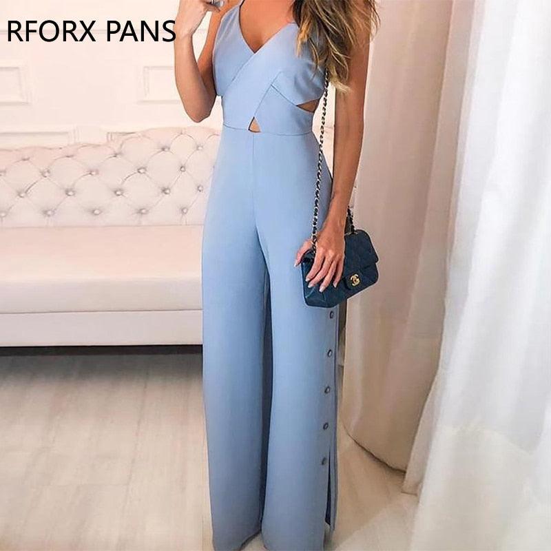 Crisscross Spaghetti Strap Button Slit Side Jumpsuit - Beige Street