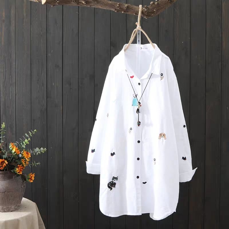 Plus size Cotton Embroidery women loose long white shirts 2019 spring autumn NEW casual ladies blouse female tops oversize