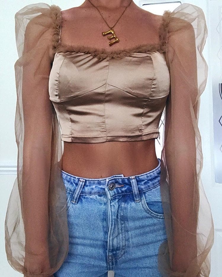 Women Satin Blouse Puff Sleeve See Through Crop Top Sheer Mesh Patch Frilly Shirts High Street Square Collar Blouse Big Size