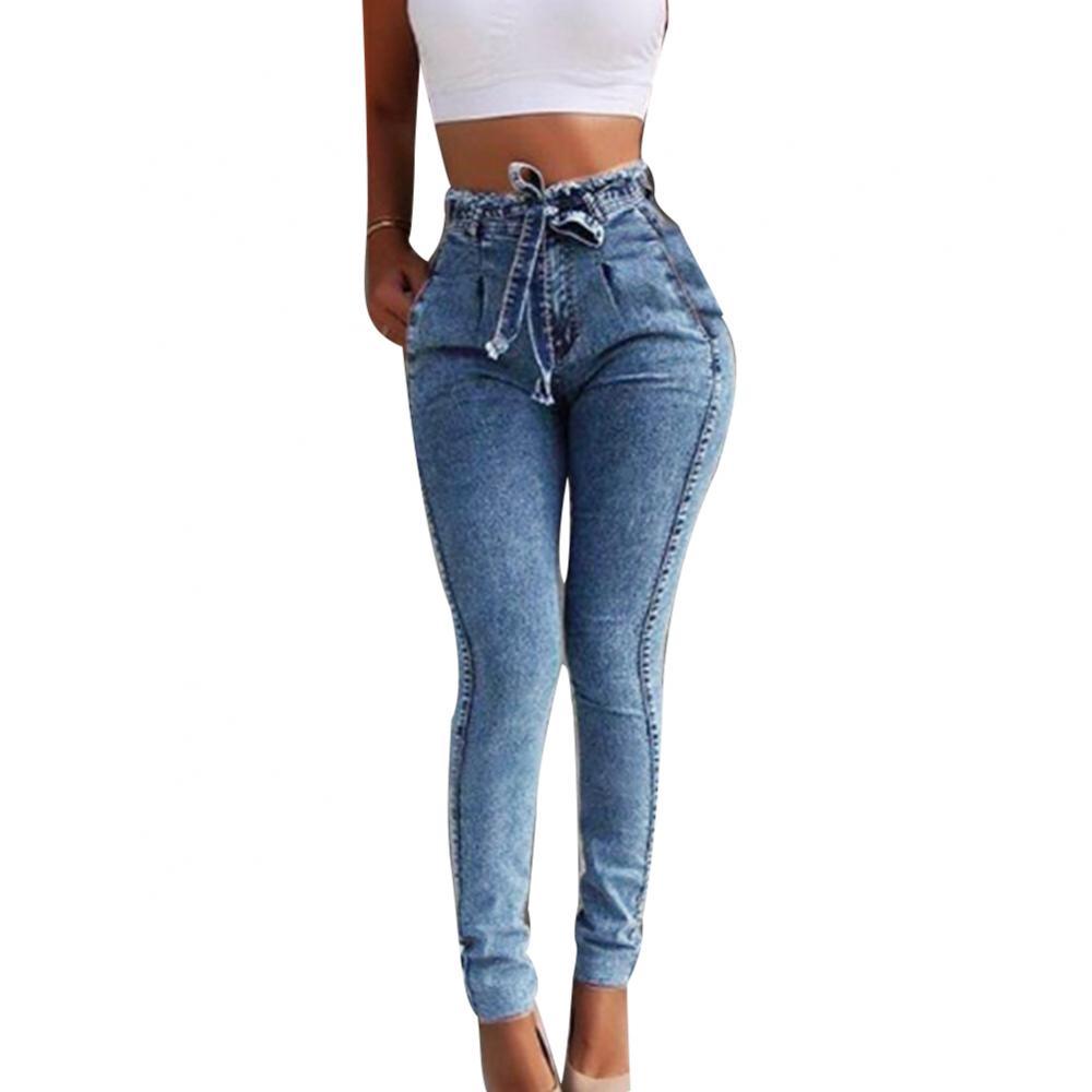 70% Hot Sell  2021  Fashion Plus Size Fashion Belted High Waist Stretch, Comfortable Skinny Jeans Women Stretch Denim Long Pants - Beige Street