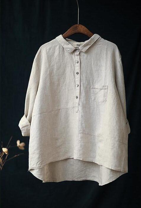 Cotton and Linen Shirt New Loose Casual Solid Color Women Long Sleeve Womens Tops and Blouses - Beige Street