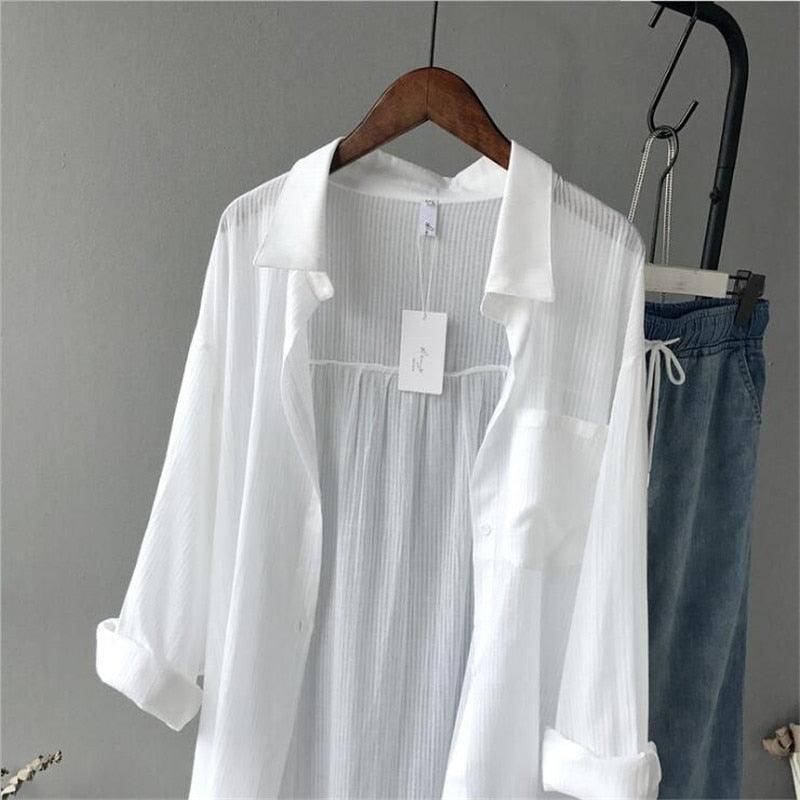 2020 Autumn Women Long Sleeve White Shirts Blouse High quality loose Blouse Tops Cotton Casual White Long Blouse Women - Beige Street