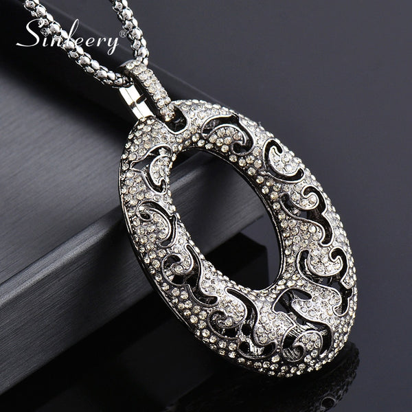 SINLEERY Vintage Hollow Pattern Big Oval Pendant Long Necklace Black Color Chain On Neck Women Statement Jewelry ZD1 SSK