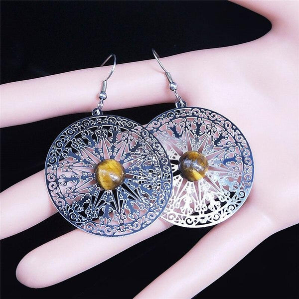 Bohemian Flower of Life Stainless Steel Natural Stone Earrings Women Silver Color Round Drop Earrings Jewelry bizuteria EXS04 - Beige Street