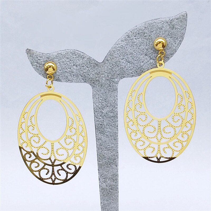 Stainless Steel Bohemia Flower of Life Stud Earrings Women Gold Color Oval Earrings Boho Big Jewelry boucle d oreille E9314S04