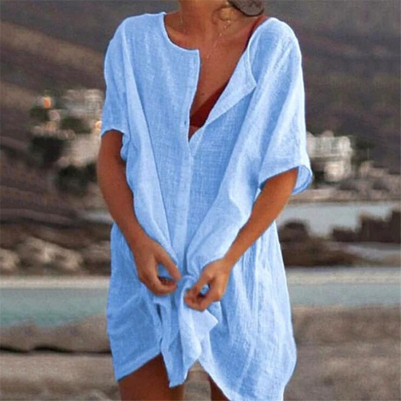 Women's Beach Blouse Summer Button Swimsuit Shirts Sunscreen Bikini Cover Up Tops блузка женская Blusas Mujer De Moda 2022
