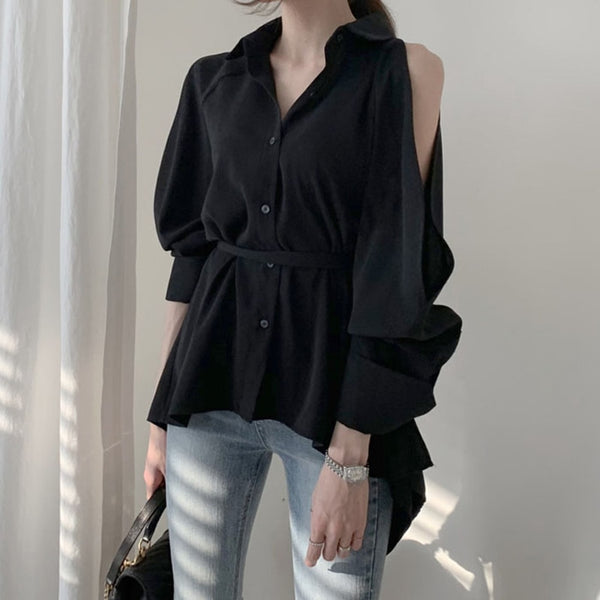 Women Blouse New Lady Hollow Out Turn Down Collar Fashion Shirts Chic Blusa Off Shoulder Autumn Summer 2021 Solid Tops 12136