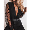 2020 women&#39;s blouse deep V-neck transparent polka dot mesh shirt Puff long sleeve top black shirt women&#39;s blouses party blouses - Beige Street