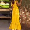 Summer Sleeveless Holiday Party Pleated Dress VONDA Sexy Deep V Neck Maxi Dresses Bohemian Vestidos Oversize Party Robe