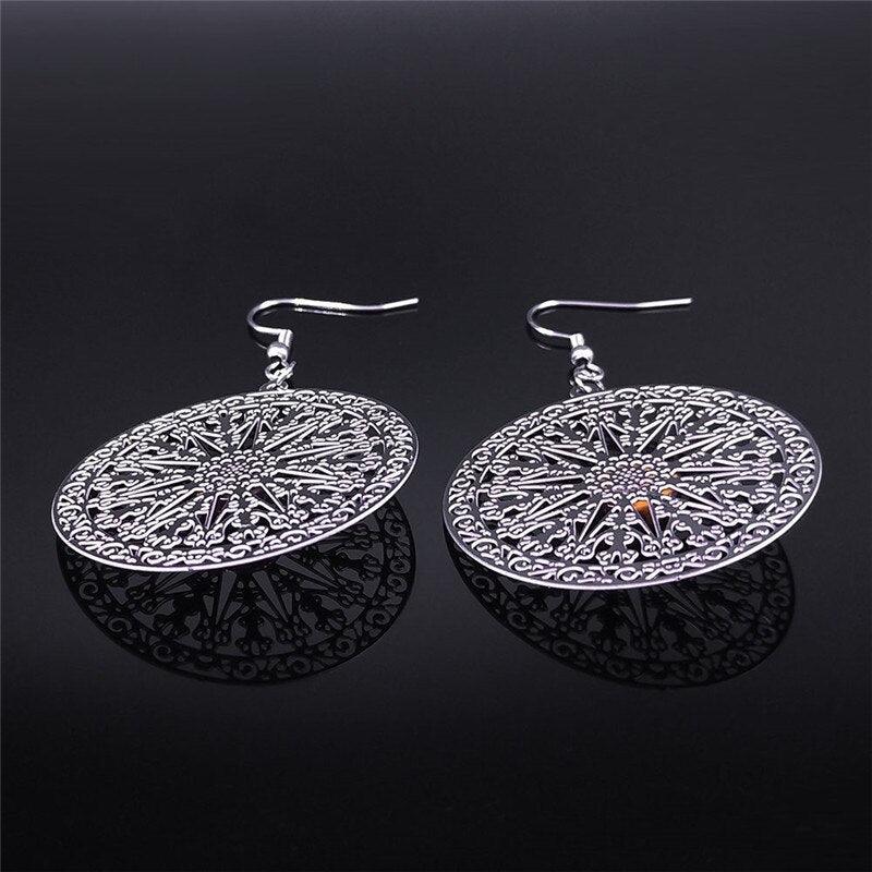 Bohemian Flower of Life Stainless Steel Natural Stone Earrings Women Silver Color Round Drop Earrings Jewelry bizuteria EXS04 - Beige Street