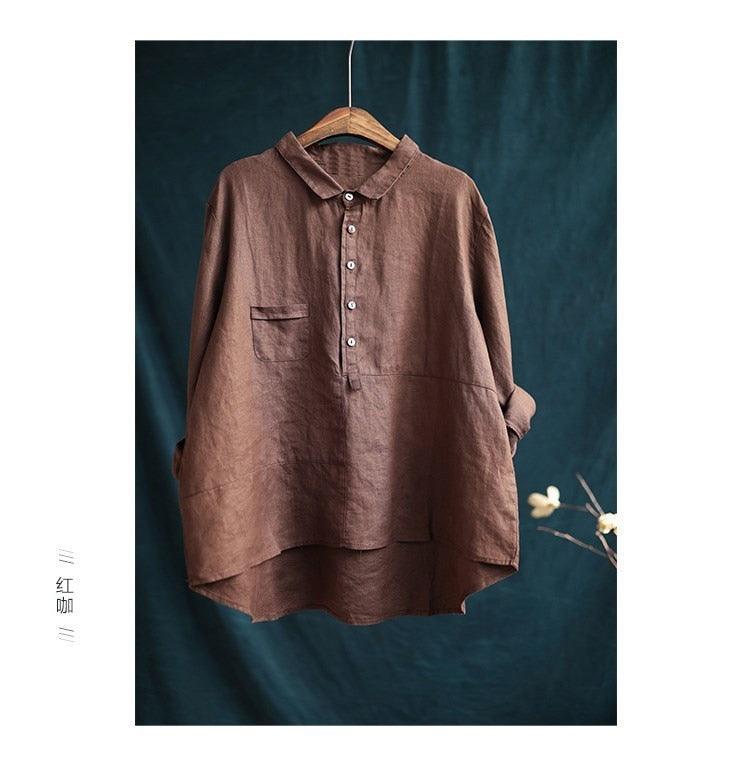 Cotton and Linen Shirt New Loose Casual Solid Color Women Long Sleeve Womens Tops and Blouses - Beige Street