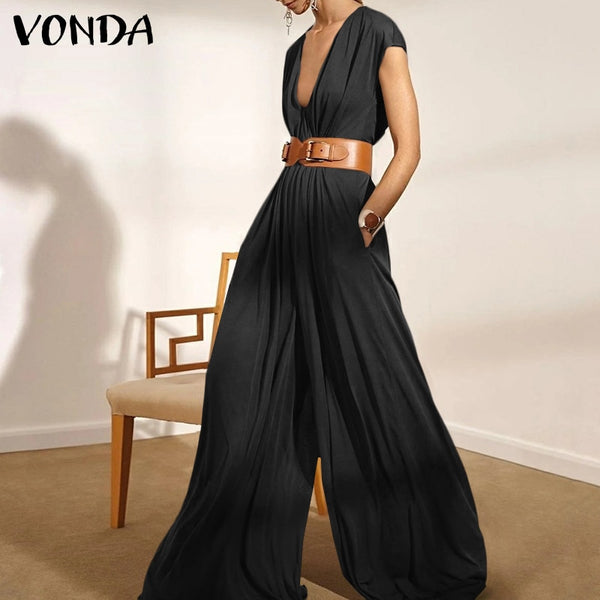 VONDA Women Long Jumpsuits Sexy Deep V Neck Wide Leg Long Trousers Palazzo Loose Retro OL Office Overalls  Not With The Belt