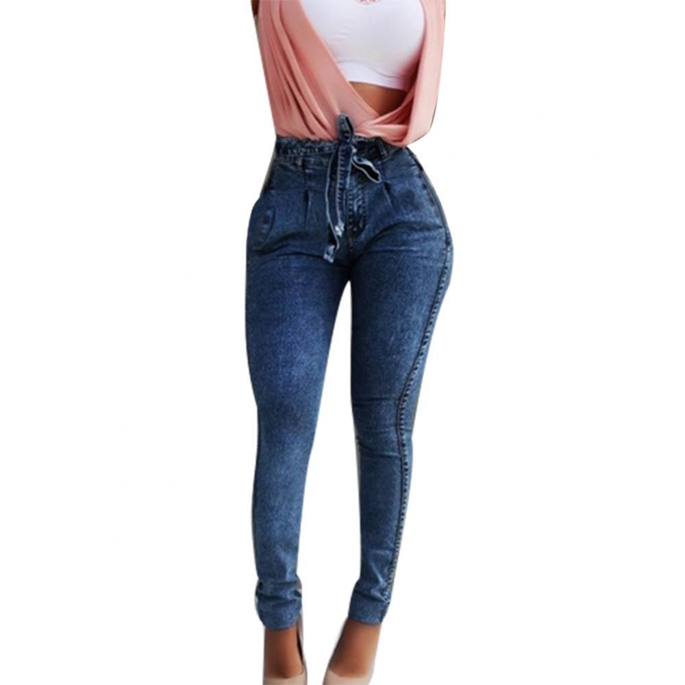 70% Hot Sell  2021  Fashion Plus Size Fashion Belted High Waist Stretch, Comfortable Skinny Jeans Women Stretch Denim Long Pants - Beige Street