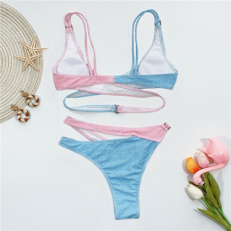 Sexy Pink Swimwear Women Cross Bandage Bikini 2022 Swimsuit Female Push Up Bikini Set Biquini Bathing Suit Swim Wear
