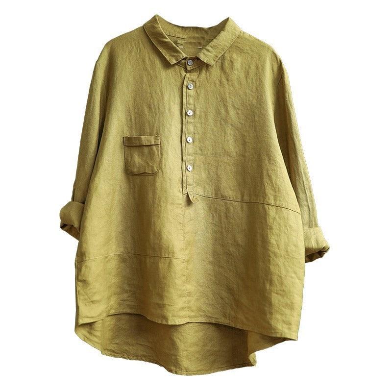 Cotton and Linen Shirt New Loose Casual Solid Color Women Long Sleeve Womens Tops and Blouses - Beige Street