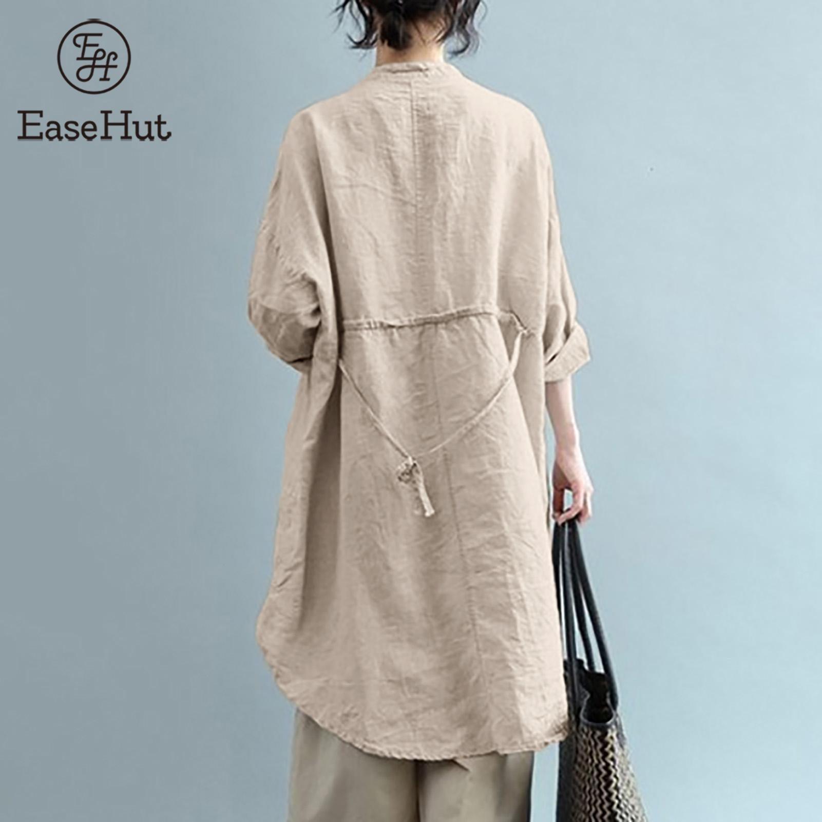 EaseHut Women Cotton Linen Blouse Vintage Stand Collar Pocket Long Sleeve Tunic Tops Plus Size Loose Casual - Beige Street