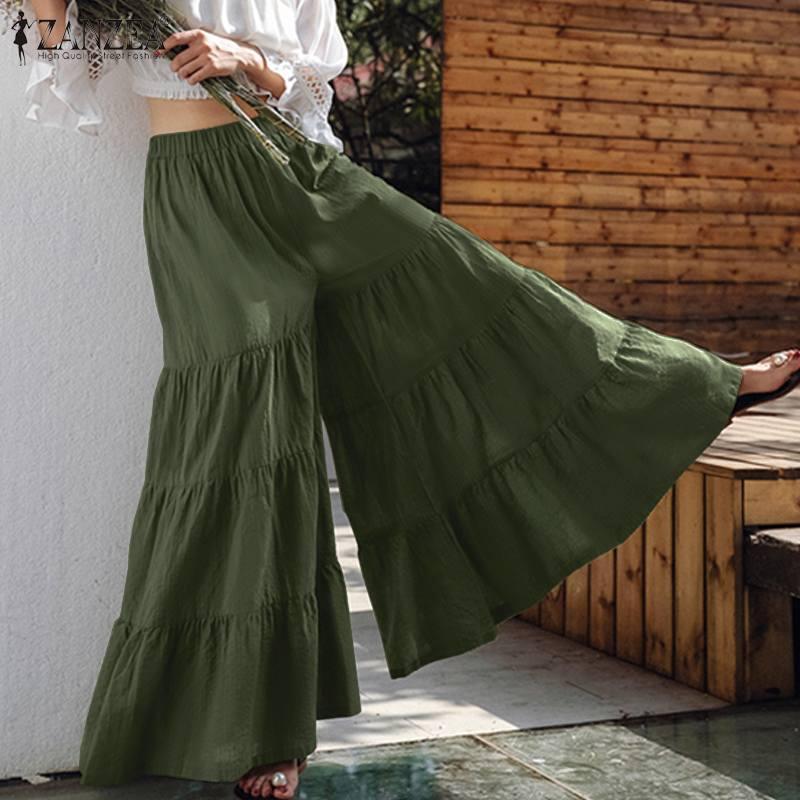 2022 Summer Solid Flared Pants ZANZEA Fashion Holiday Tiered Trousers Women Casual Elastic Waist Beach Wide Leg Pantalon Robe - Beige Street