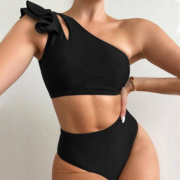 2022 Sexy One Shoulder Bikini Women Solid High Waist Swimsuit Ruffle Swimwear Women Black Biquini Female Beachwear Bathing Suits - Beige Street